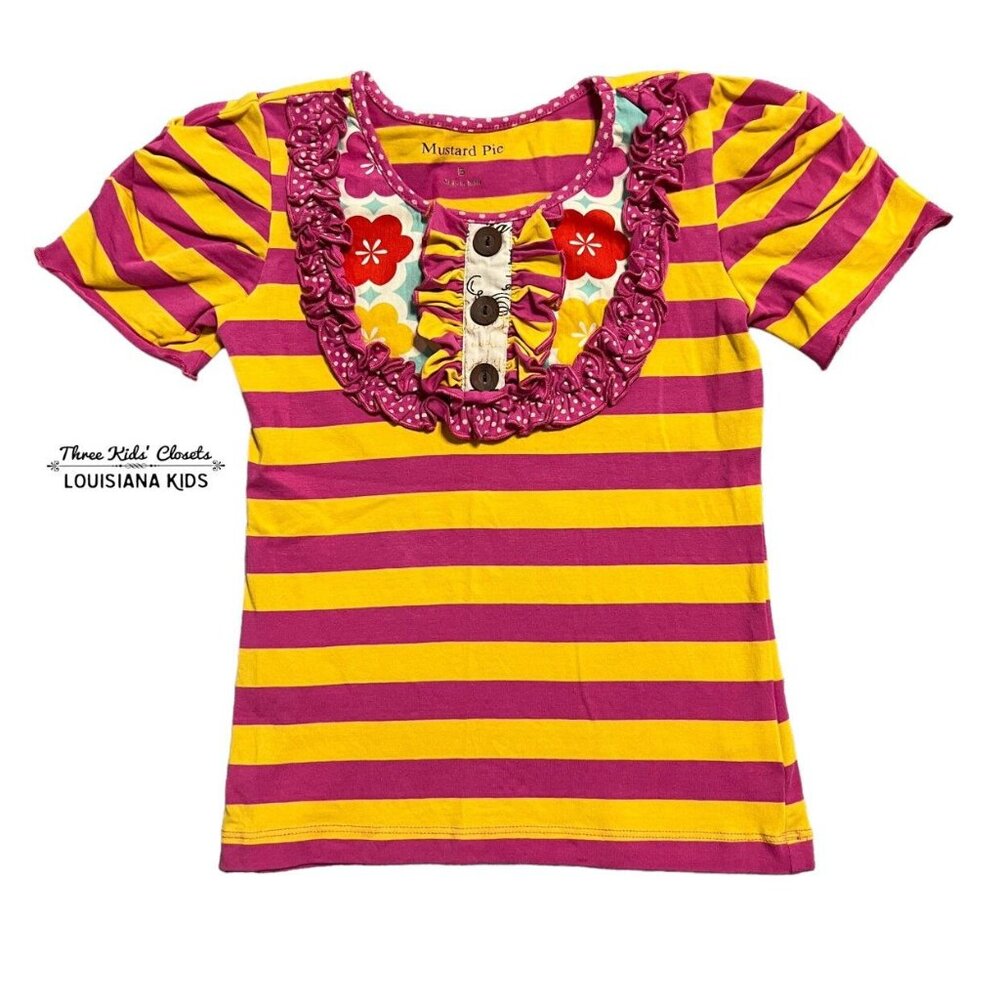 Mustard Pie Sz 5 Pink & Yellow Striped Floral Ruffle Top